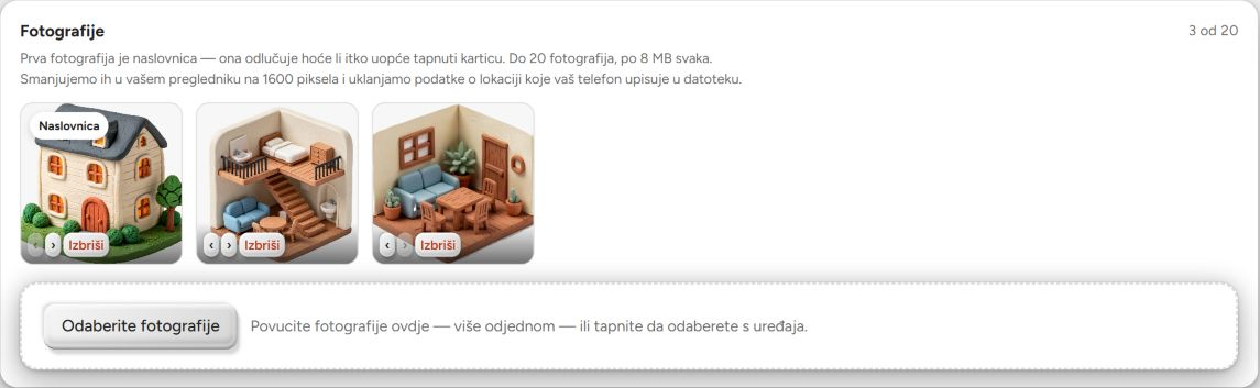 Uredite svoj BookNoFees oglas: dodajte fotografije, promijenite njihov redoslijed i odaberite naslovnu fotografiju.