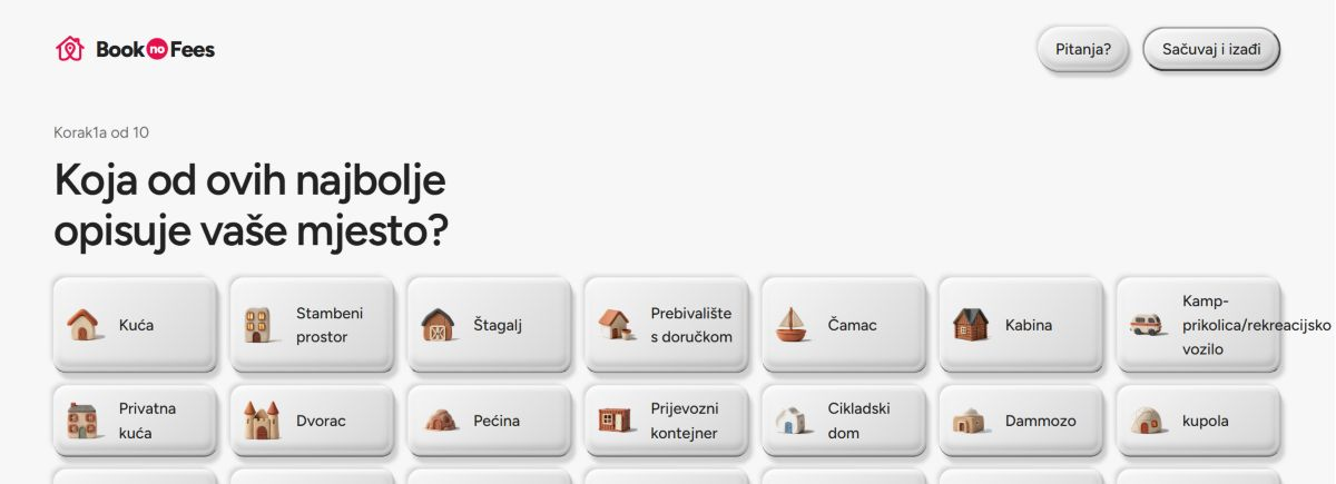 BookNoFees oglas: Prvi korak je odabrati vrstu smještaja.