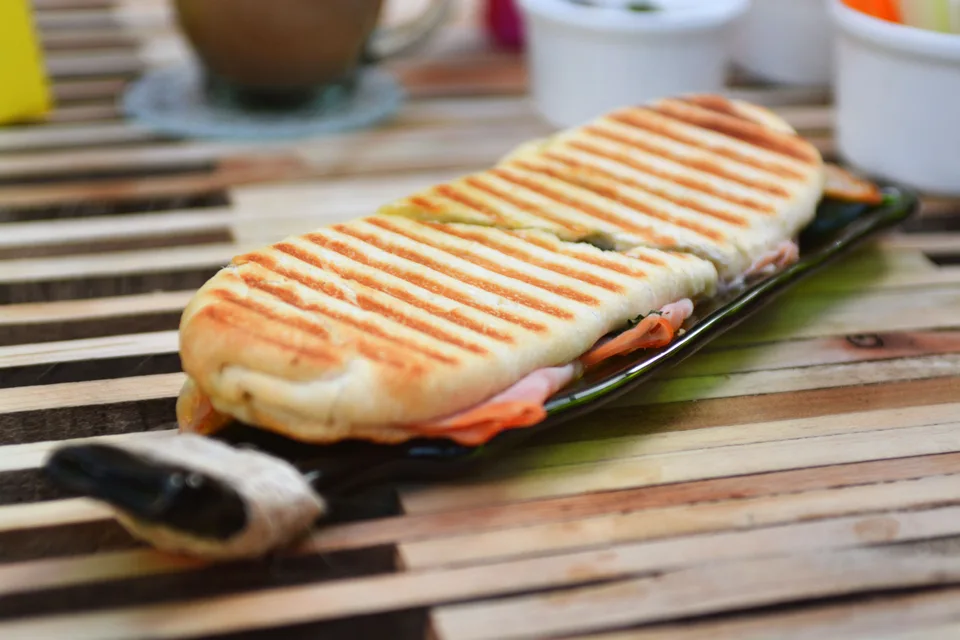 BookNoFees: Primjer fotografije: Tostirani panini s tragovima roštilja na tamnom tanjuru